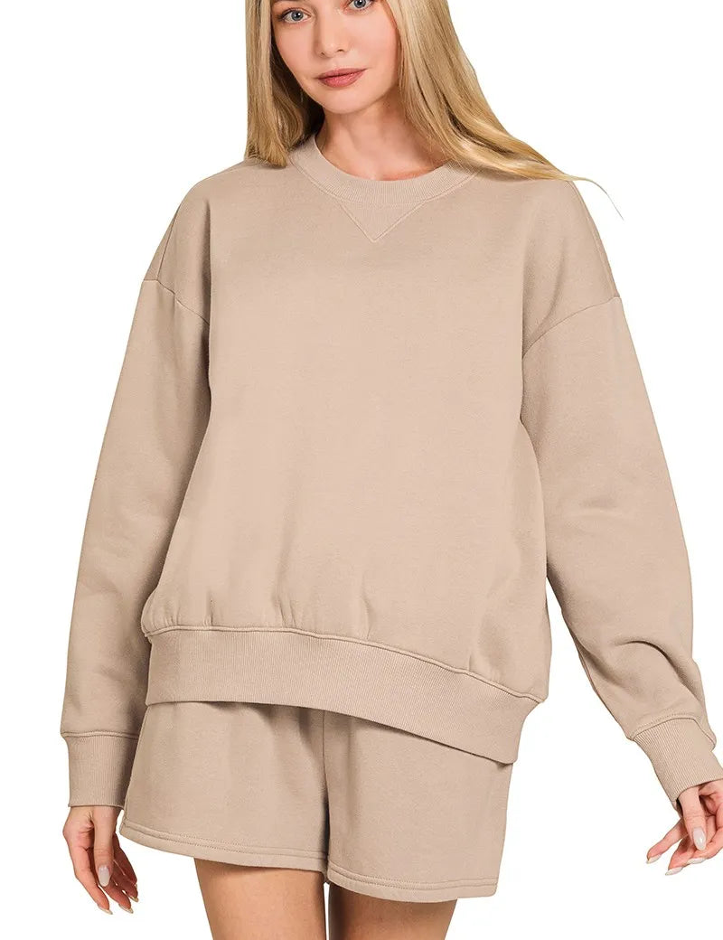 ZENANA Fleece Long Sleeve Sweatshirts & Shorts Set on Simply Obsessed