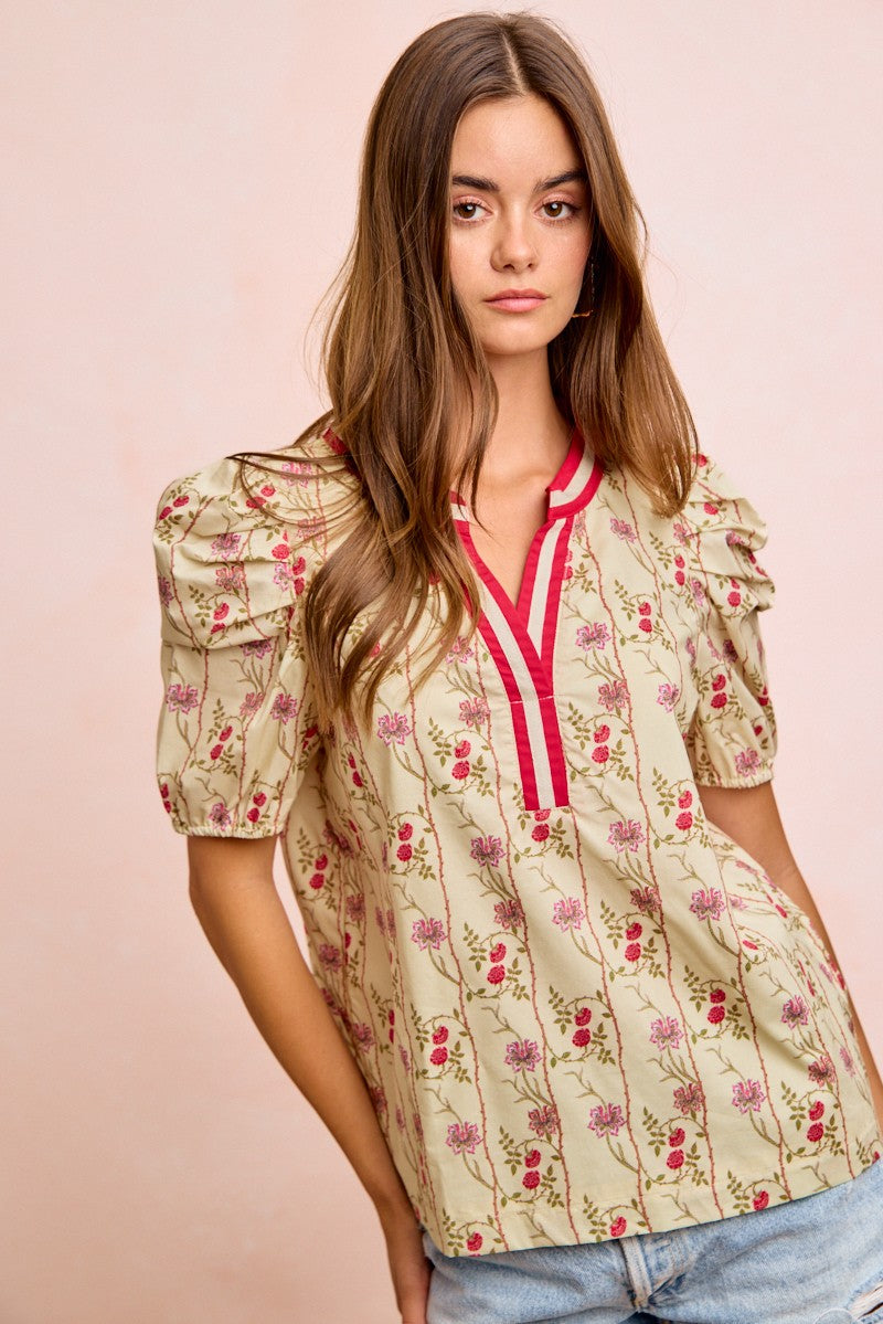 BIBI Floral Gather Sleeves Contrast Neckband Blouse Top on Simply Obsessed