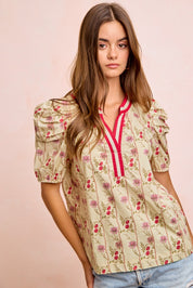 BIBI Floral Gather Sleeves Contrast Neckband Blouse Top on Simply Obsessed