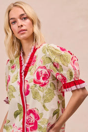 BiBi Floral Printed Woven Contrast Edge Ruffled Blouse on Simply Obsessed