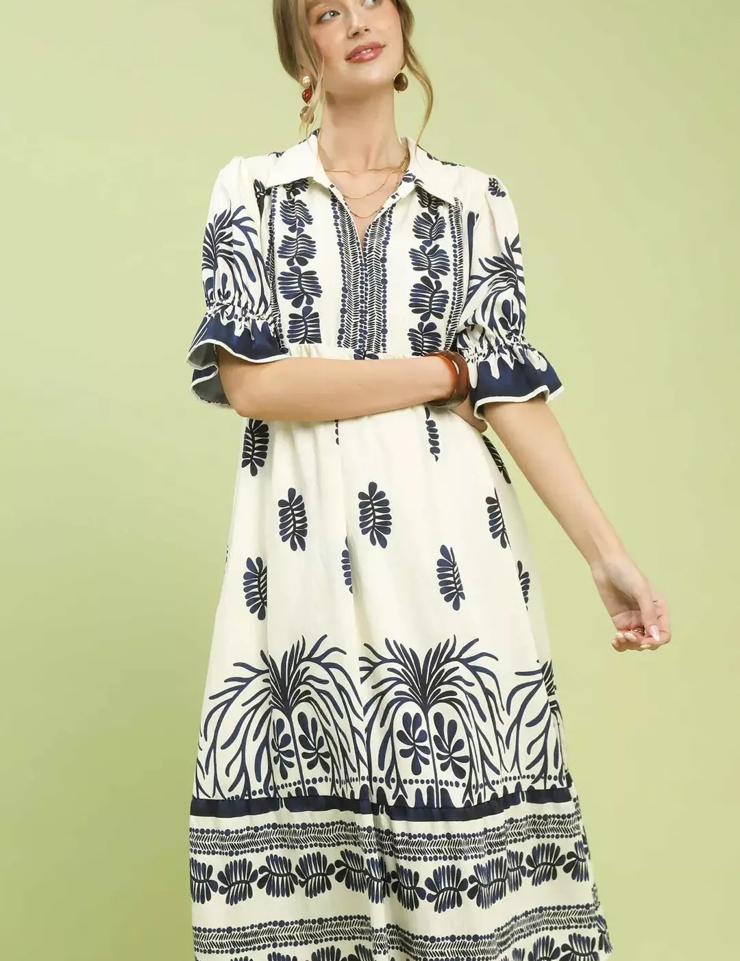 UMGEE Border Print Midi Dress with Puff Sleeves on Simply Obsessed