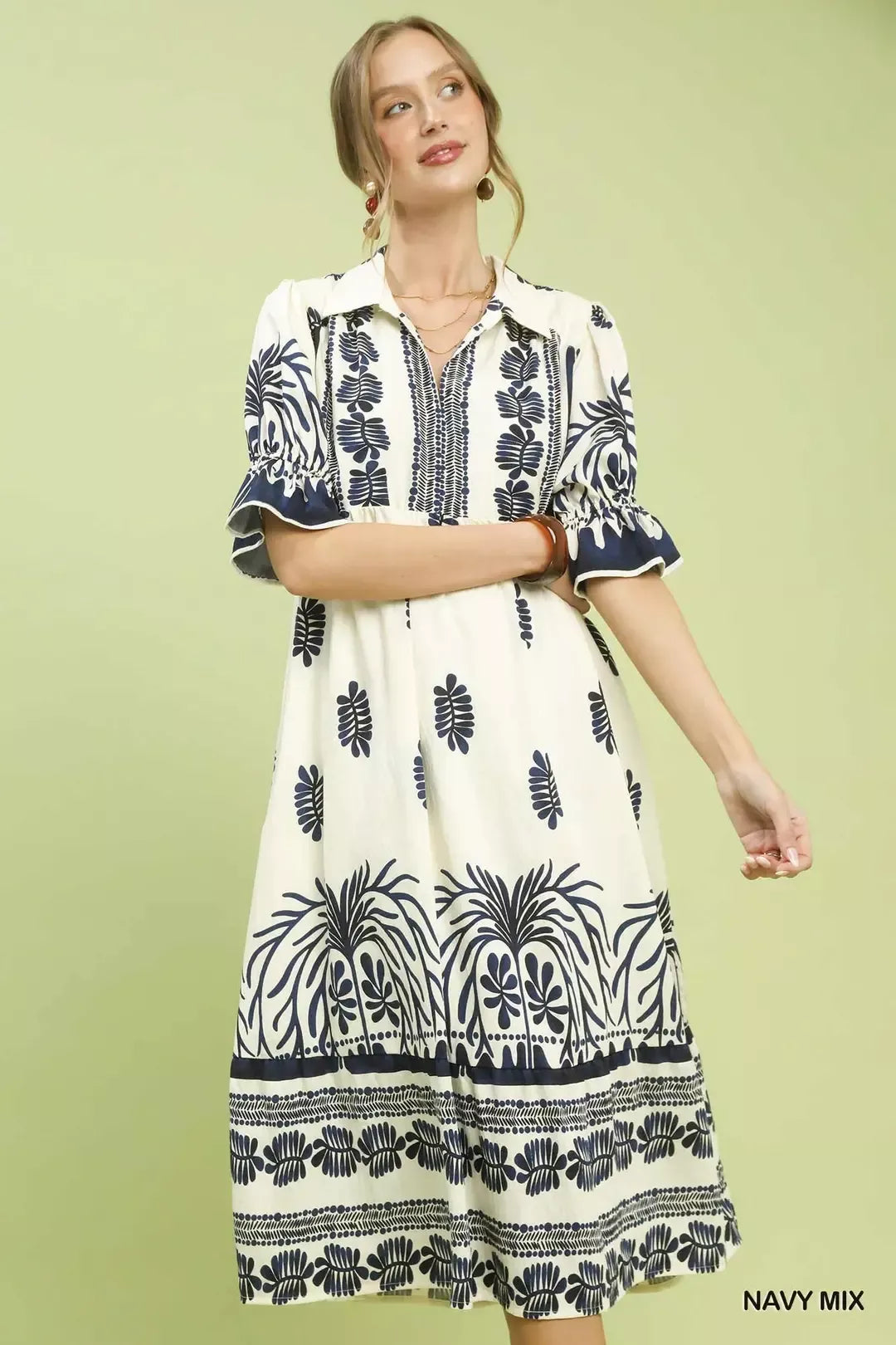 UMGEE Border Print Midi Dress with Puff Sleeves on Simply Obsessed