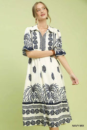 UMGEE Border Print Midi Dress with Puff Sleeves on Simply Obsessed