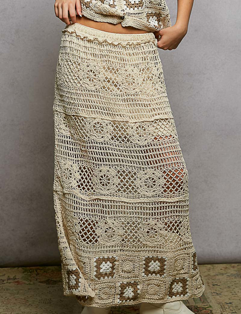 POL Floral Crochet Ruffled Waistband Maxi Skirt with Granny Square Weave on Simply Obsessed