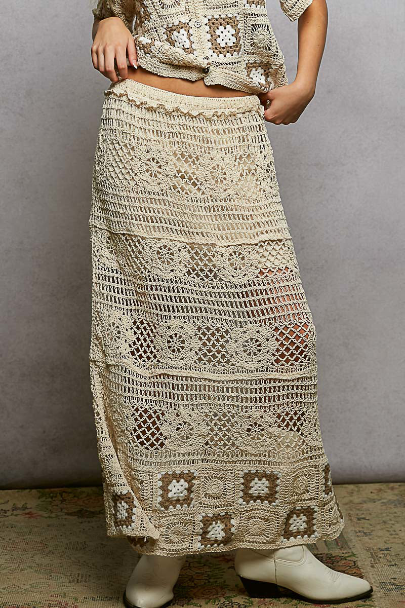 POL Floral Crochet Ruffled Waistband Maxi Skirt with Granny Square Weave on Simply Obsessed