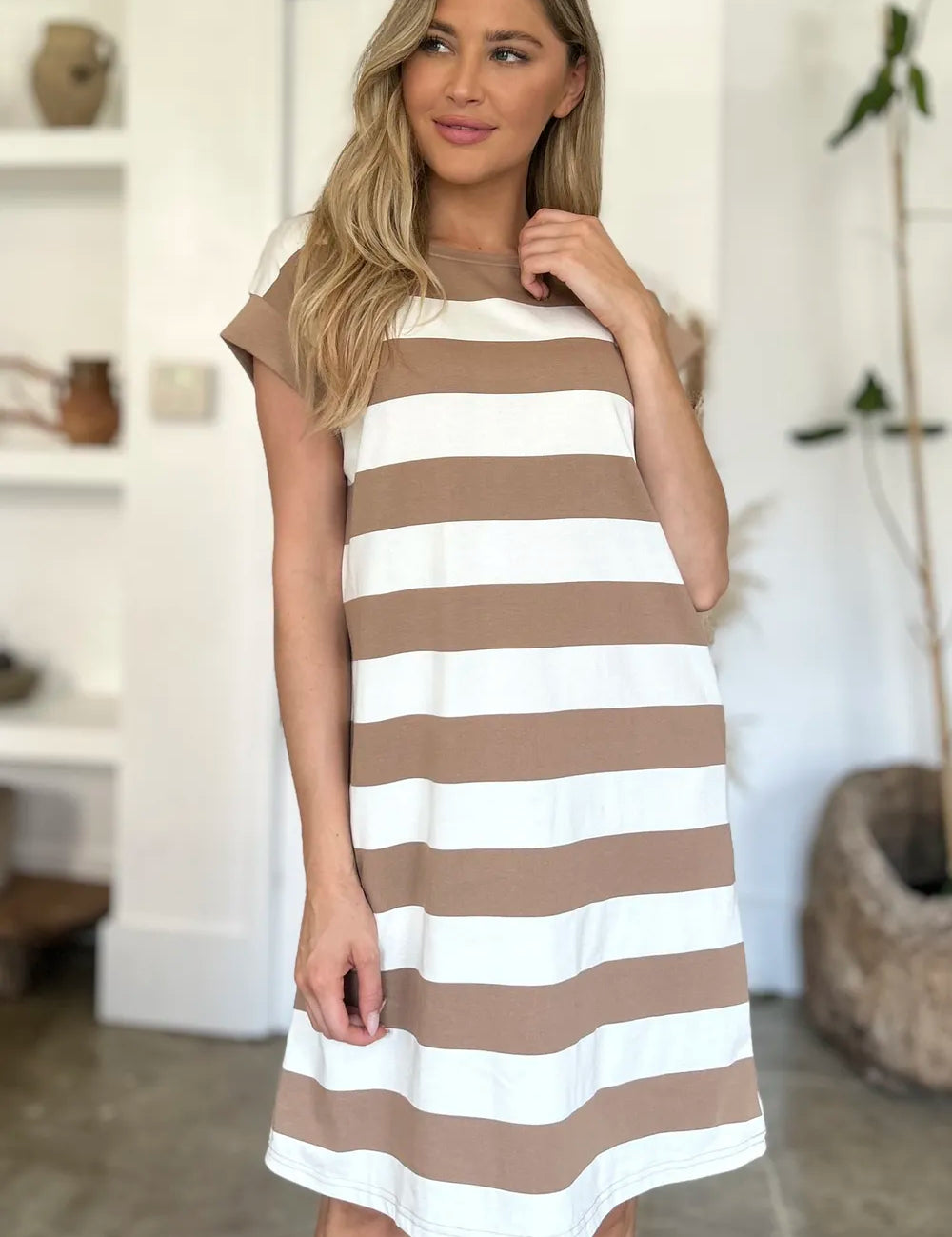 BASIC BAE Full Size Striped Round Neck Cap Sleeve Mini Dress on Simply Obsessed