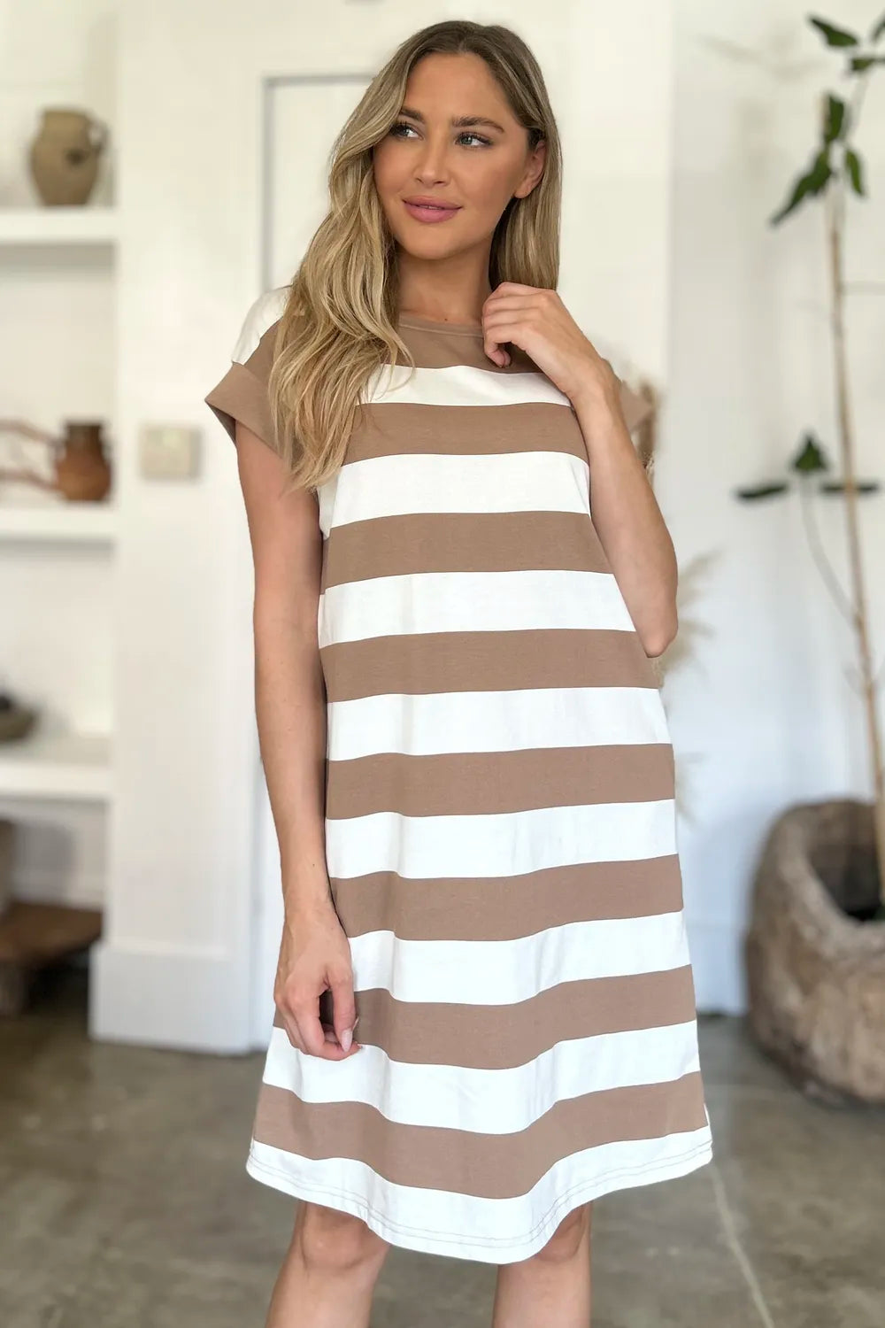 BASIC BAE Full Size Striped Round Neck Cap Sleeve Mini Dress on Simply Obsessed