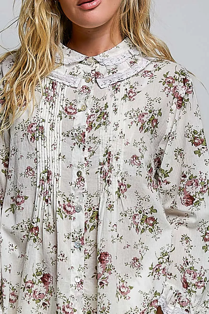 POL Floral Lace Trim Pintuck Button-Down Shirt on Simply Obsessed