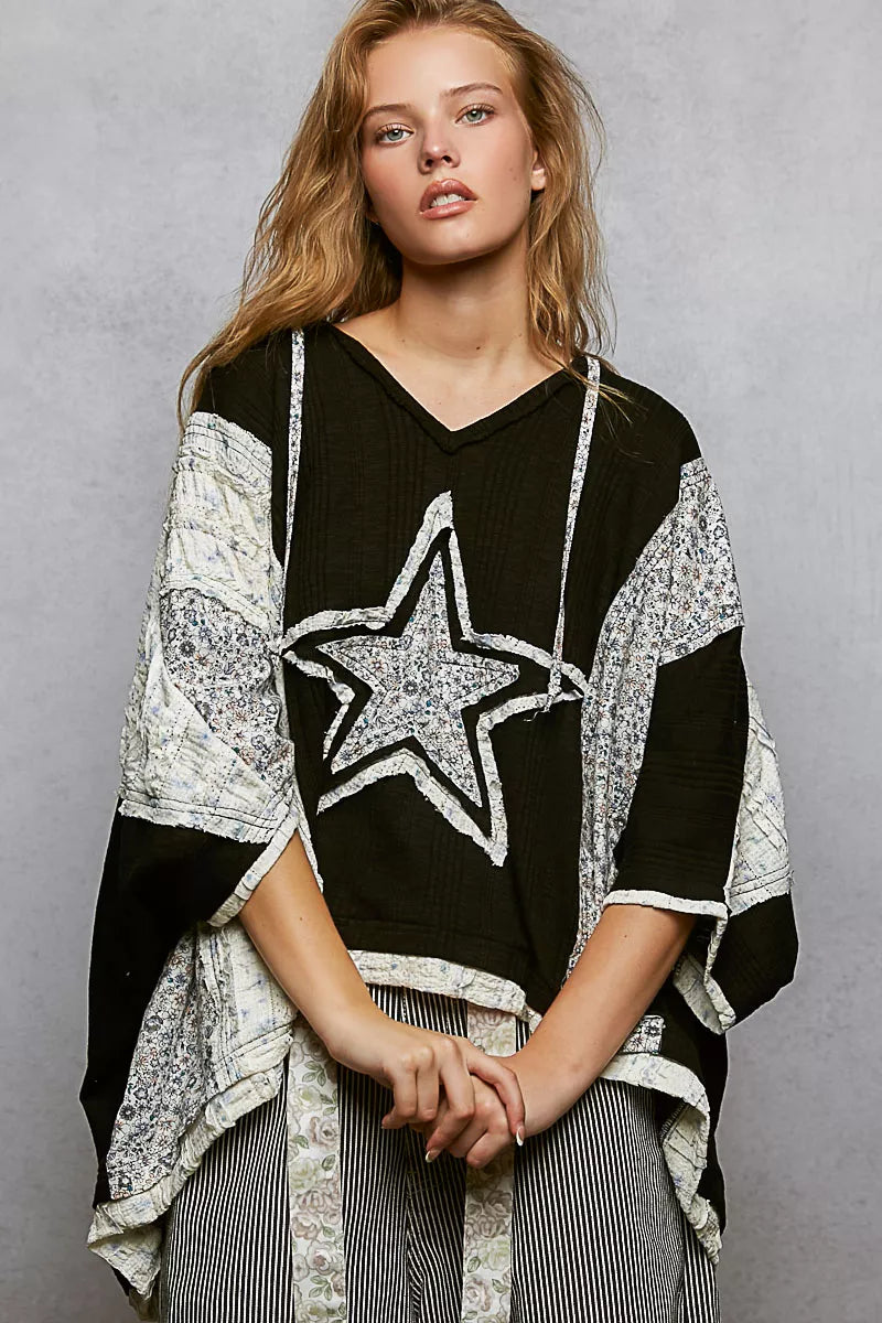 POL Floral Star Patch Hooded Blouse with Lace Contrast Detail on Simply Obsessed