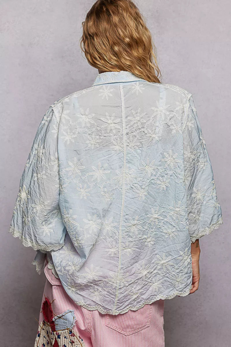 POL Embroidered Floral Collared Neck Shirt with Scalloped Edges on Simply Obsessed