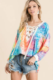 BiBi Tie Dye Deep V-neck Top With Lace Up Front on Simply Obsessed