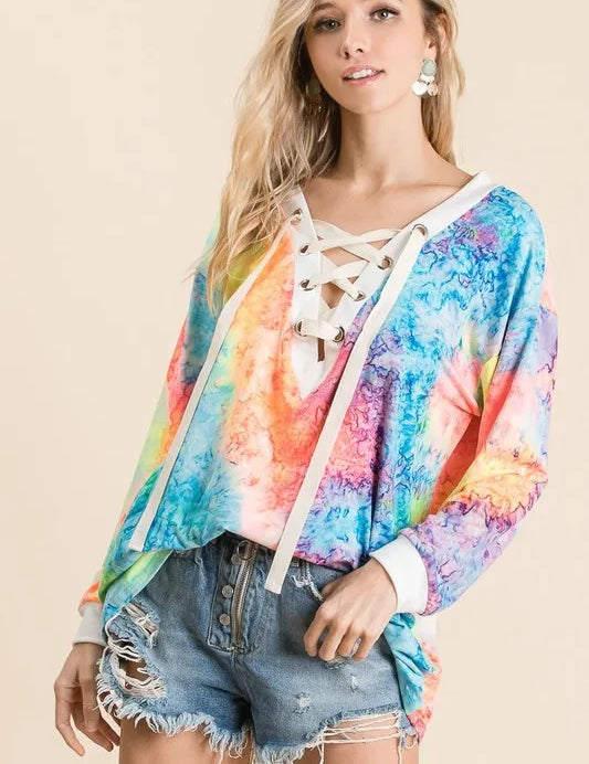 BiBi Tie Dye Deep V-neck Top With Lace Up Front on Simply Obsessed