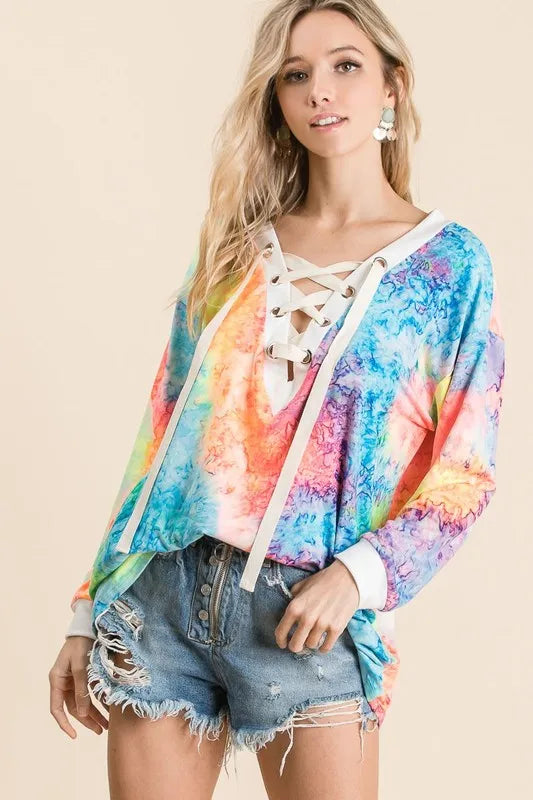 BiBi Tie Dye Deep V-neck Top With Lace Up Front on Simply Obsessed