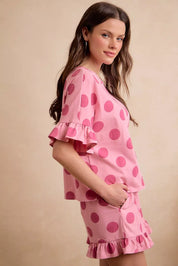 BIBI Polka Dots Printed Ruffled Detail Top And Shorts Set **DOORBUSTER** on Simply Obsessed
