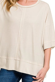 ZENANA Ribbed Boat Neck 3/4 Sleeve Top on Simply Obsessed