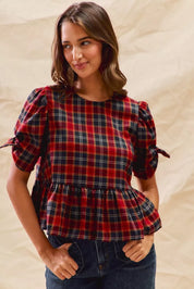 SO ME Christmas Holiday Plaid Ribbon Short Sleeves Top on Simply Obsessed