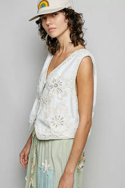 POL Embroidered Floral V-Neck Button Down Crochet Vest on Simply Obsessed