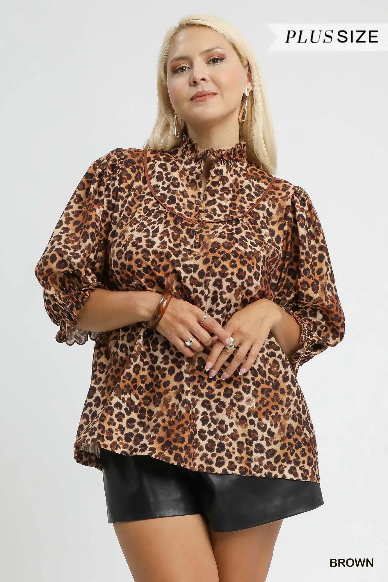 UMGEE Full Size Leopard Print Ruffle Neck Blouse Plus Size **FALL DEBUT SALE** on Simply Obsessed