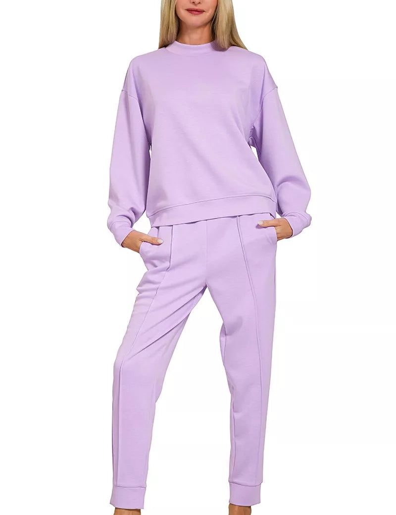ZENANA Scuba Mock Neck Sweatshirt and Joggers Set on Simply Obsessed