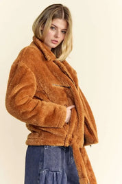 DAVI & DANI Fuzzy Zip Up Collared Neck Jacket on Simply Obsessed