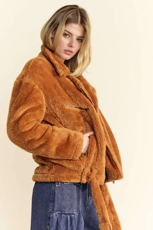 DAVI & DANI Fuzzy Zip Up Collared Neck Jacket on Simply Obsessed
