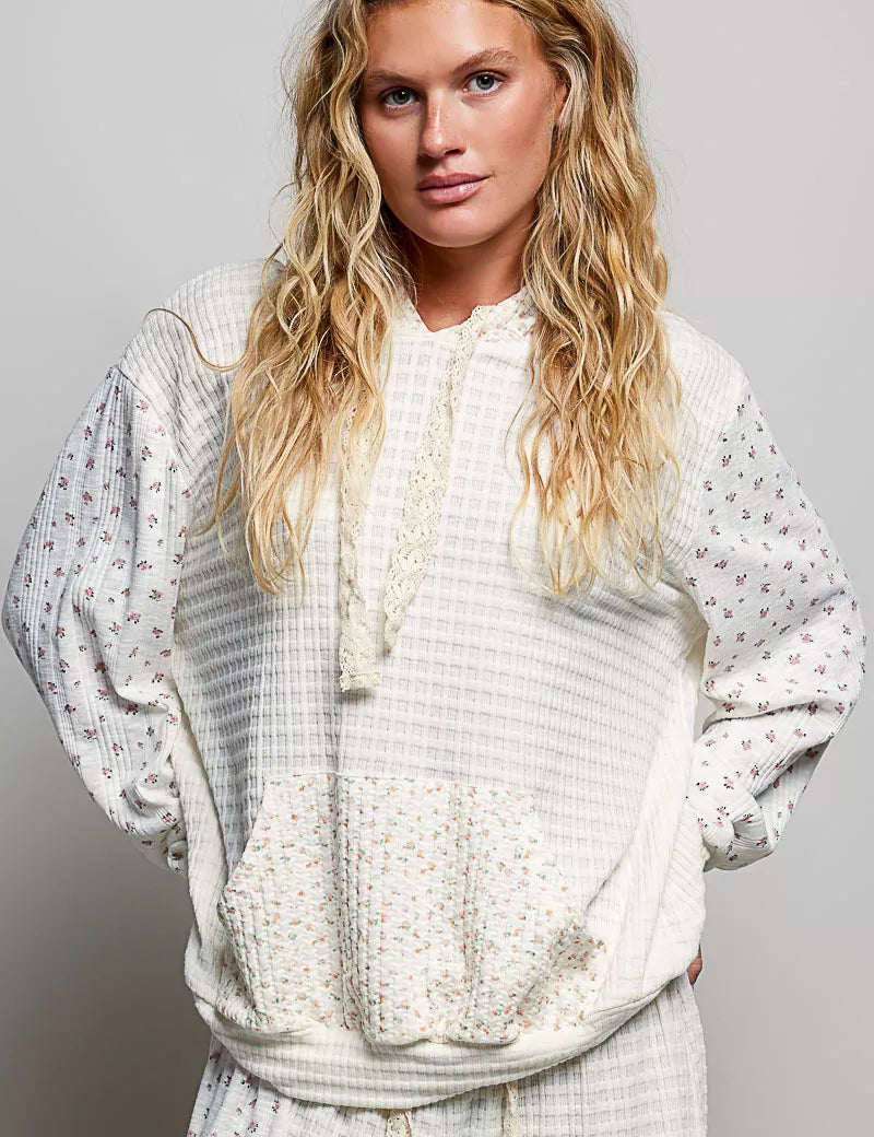POL Mixed Knit Contrast Print Sleeve Hoodie with Kangaroo Pocket on Simply Obsessed