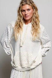 POL Mixed Knit Contrast Print Sleeve Hoodie with Kangaroo Pocket on Simply Obsessed