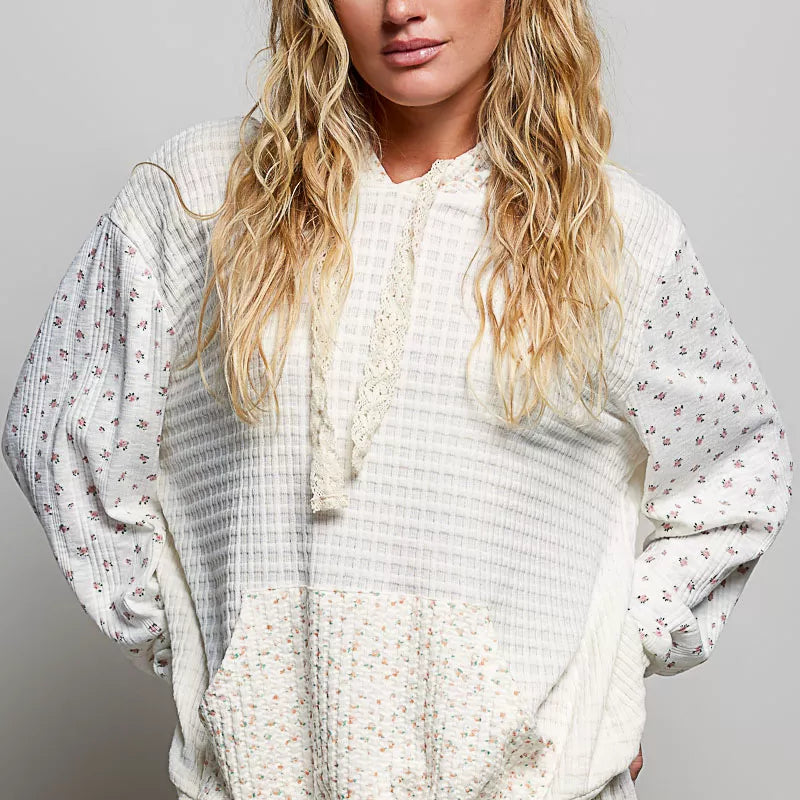 POL Mixed Knit Contrast Print Sleeve Hoodie with Kangaroo Pocket on Simply Obsessed