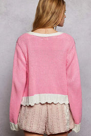 POL Button Down Cable-Knit Cardigan with Contrast Border Accents on Simply Obsessed