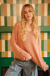 BiBi Chunky Knit Sweater with Flower Detail Sleeves on Simply Obsessed