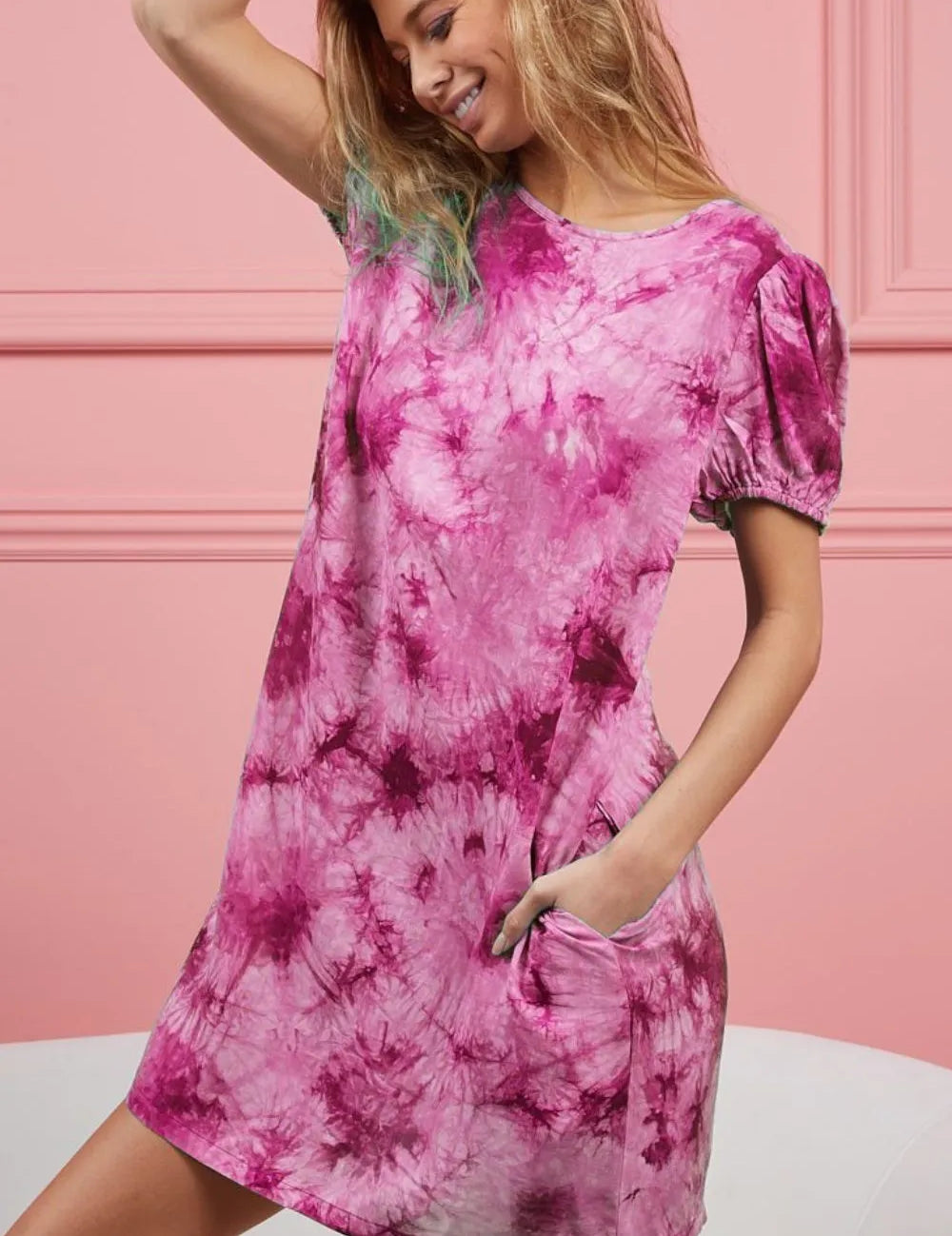 BiBi Puff Sleeve With Side Pockets Tie Dye Dress on Simply Obsessed
