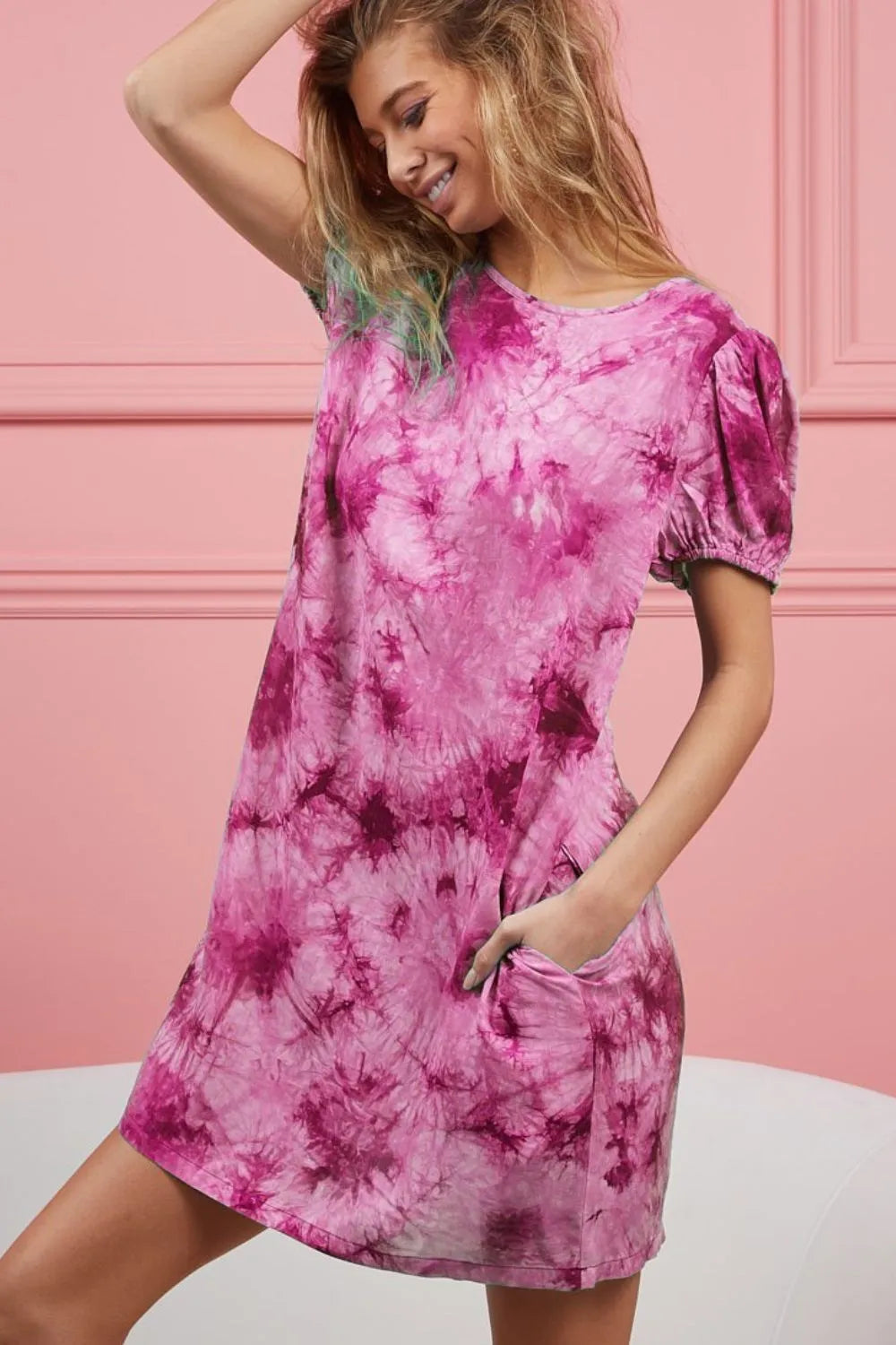 BiBi Puff Sleeve With Side Pockets Tie Dye Dress on Simply Obsessed