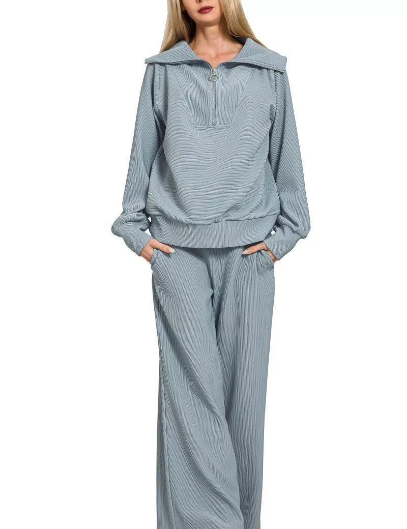 Zenana Ribbed High Neck Half Zip Pullover & Pants Set on Simply Obsessed