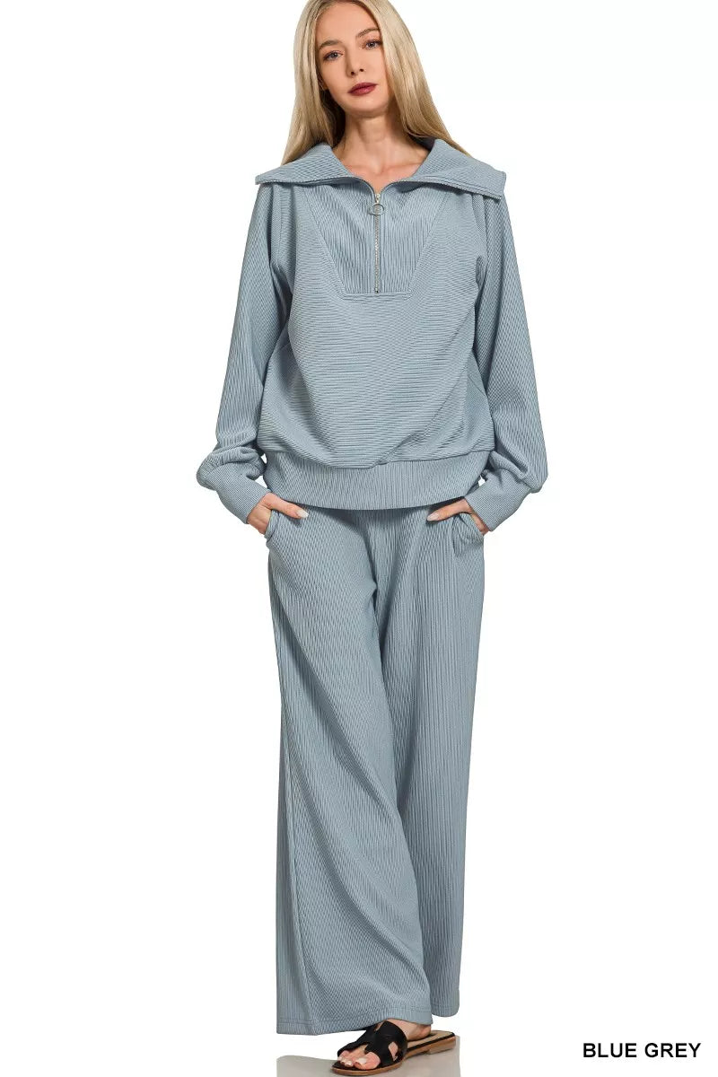Zenana Ribbed High Neck Half Zip Pullover & Pants Set on Simply Obsessed