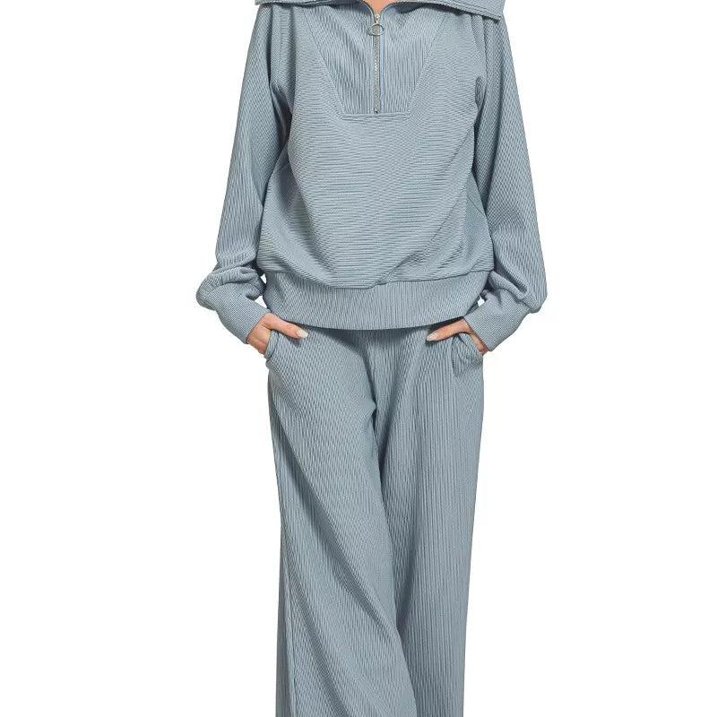 Zenana Ribbed High Neck Half Zip Pullover & Pants Set on Simply Obsessed