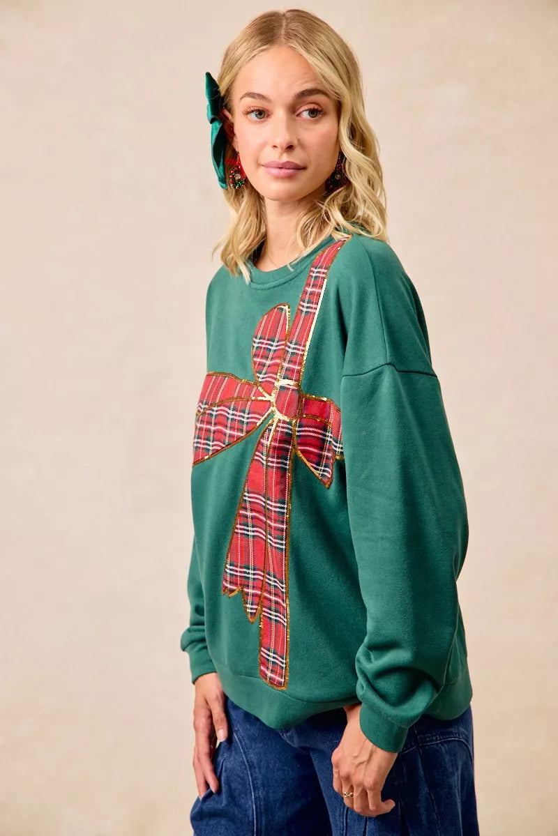 BIBI Plaid Ribbon Bow Detail Christmas Fleece Pullover on Simply Obsessed