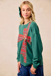 BIBI Plaid Ribbon Bow Detail Christmas Fleece Pullover on Simply Obsessed