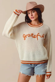 SO ME Thanksgiving Grateful Lettering Stitch Sweater on Simply Obsessed