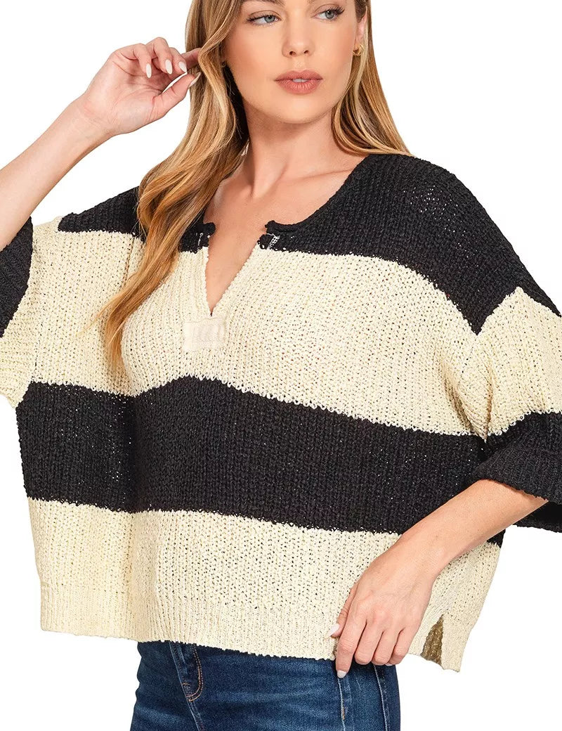 Zenana Split Neck Stripe Sweater on Simply Obsessed