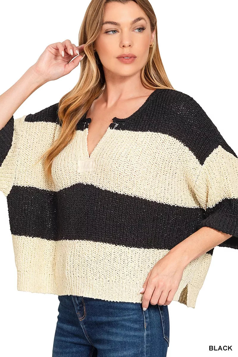 Zenana Split Neck Stripe Sweater on Simply Obsessed