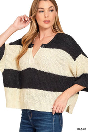 Zenana Split Neck Stripe Sweater on Simply Obsessed