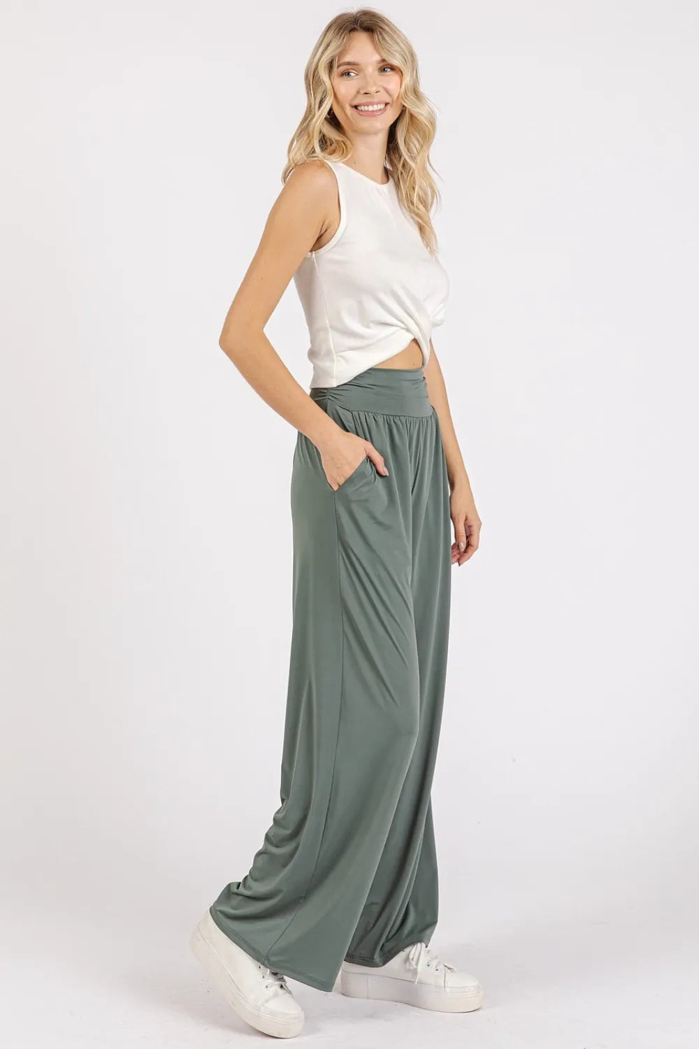 MITTOSHOP Stretch Banded Waist Wide Leg Pants with Pockets on Simply Obsessed