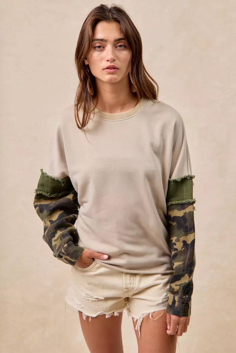 BiBi Camo Sleeve French Terry Top with Frayed Edge on Simply Obsessed