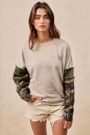 BiBi Camo Sleeve French Terry Top with Frayed Edge on Simply Obsessed