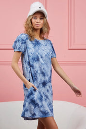 BiBi Puff Sleeve With Side Pockets Tie Dye Dress on Simply Obsessed