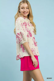 UMGEE Floral Embroidered Blouse with Ruffle Trim on Simply Obsessed