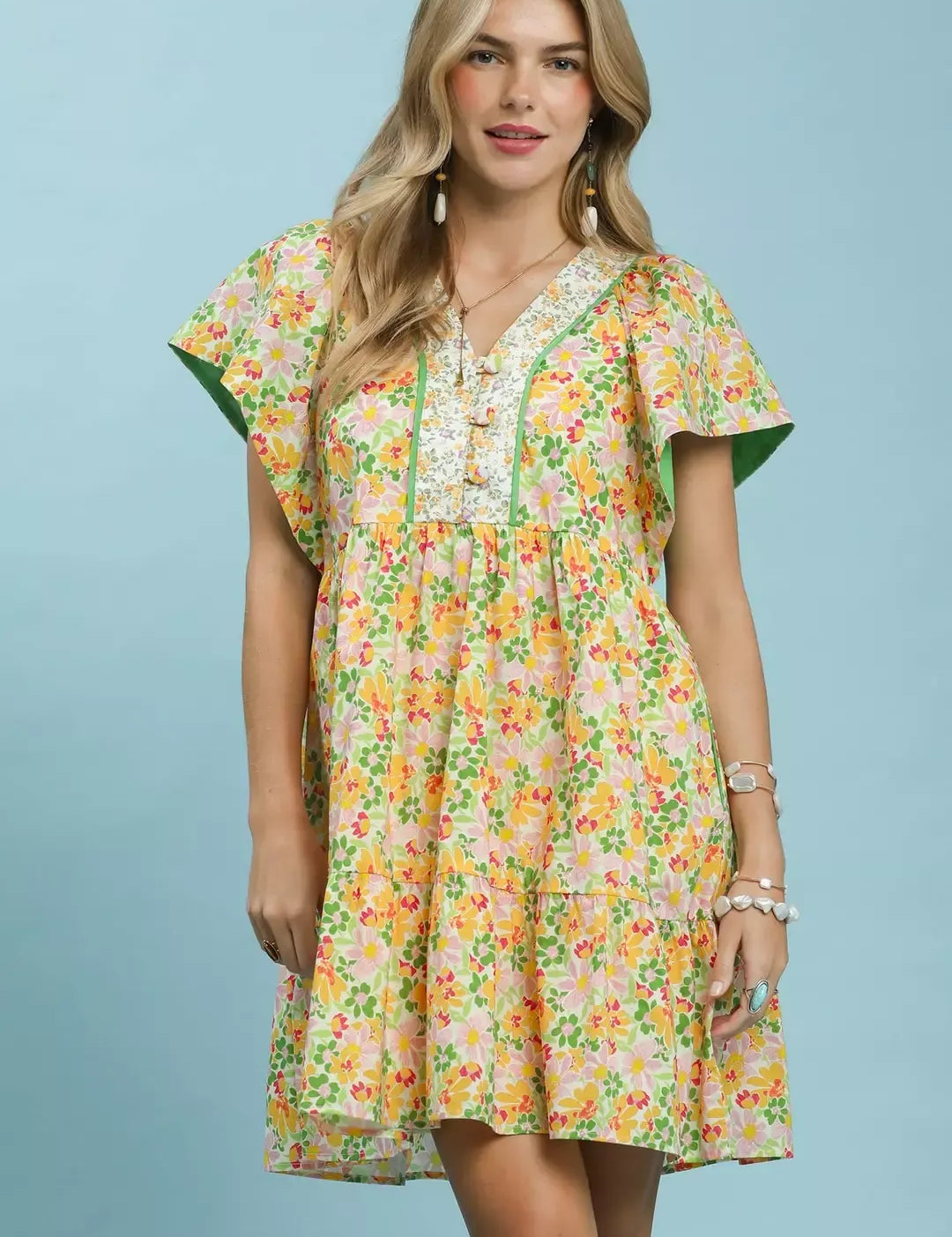 UMGEE Mix Floral Tiered Mini Dress with Side Pockets on Simply Obsessed