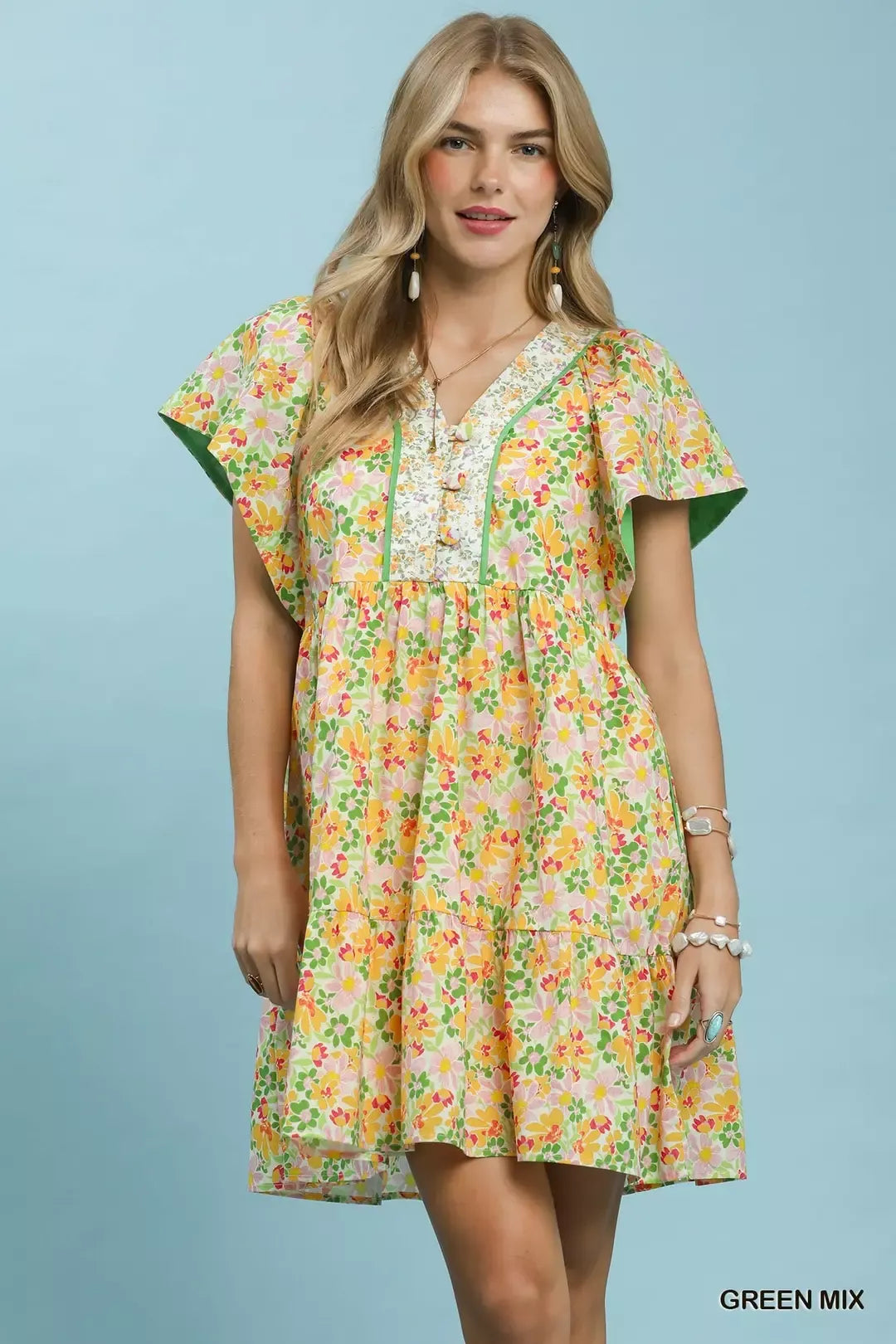 UMGEE Mix Floral Tiered Mini Dress with Side Pockets on Simply Obsessed