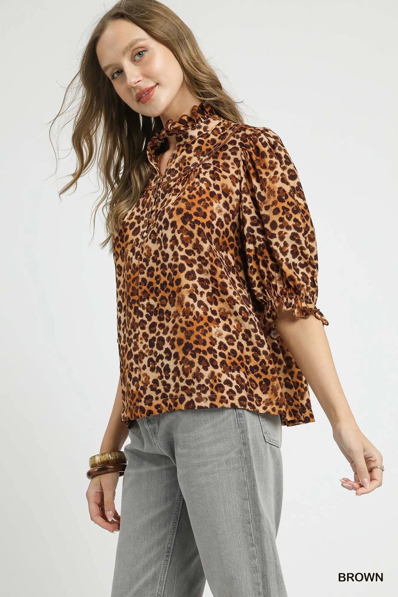 UMGEE Full Size Leopard Print Ruffle Neck Blouse Plus Size **FALL DEBUT SALE** on Simply Obsessed