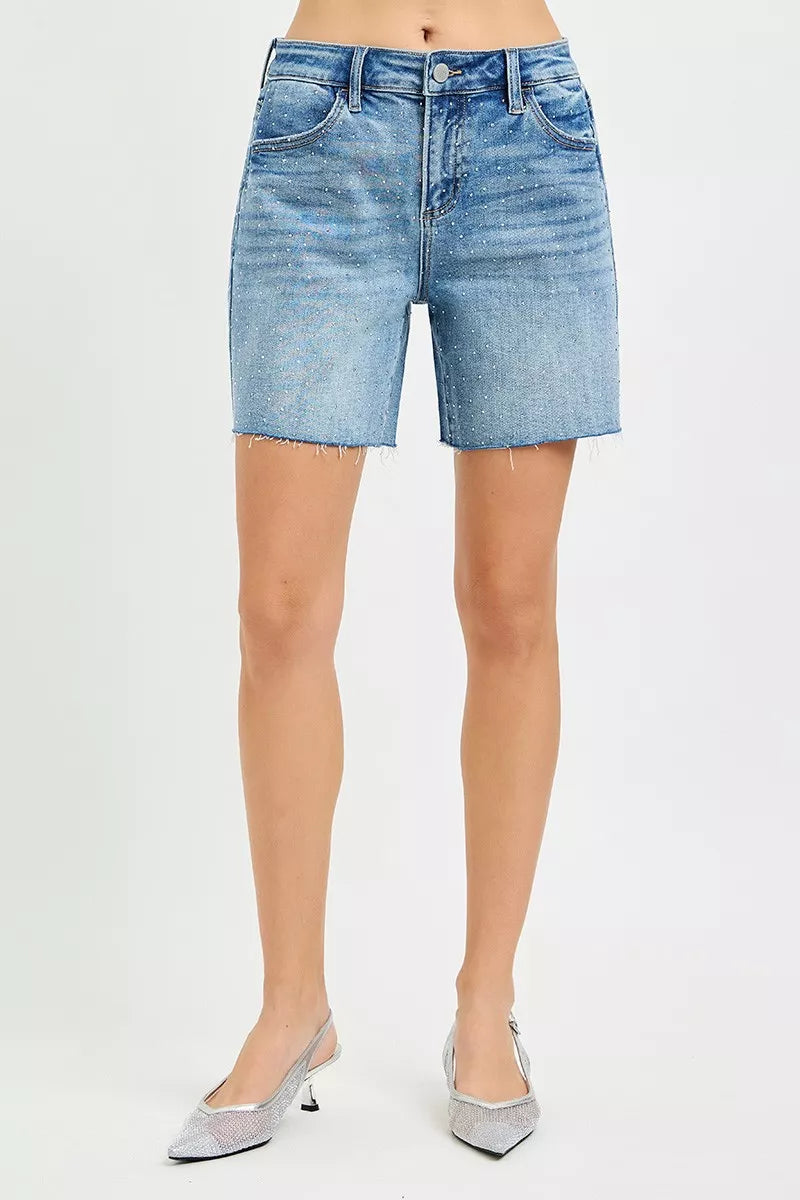 RISEN Slouchy Mid Length All Over Rhinestones Shorts on Simply Obsessed